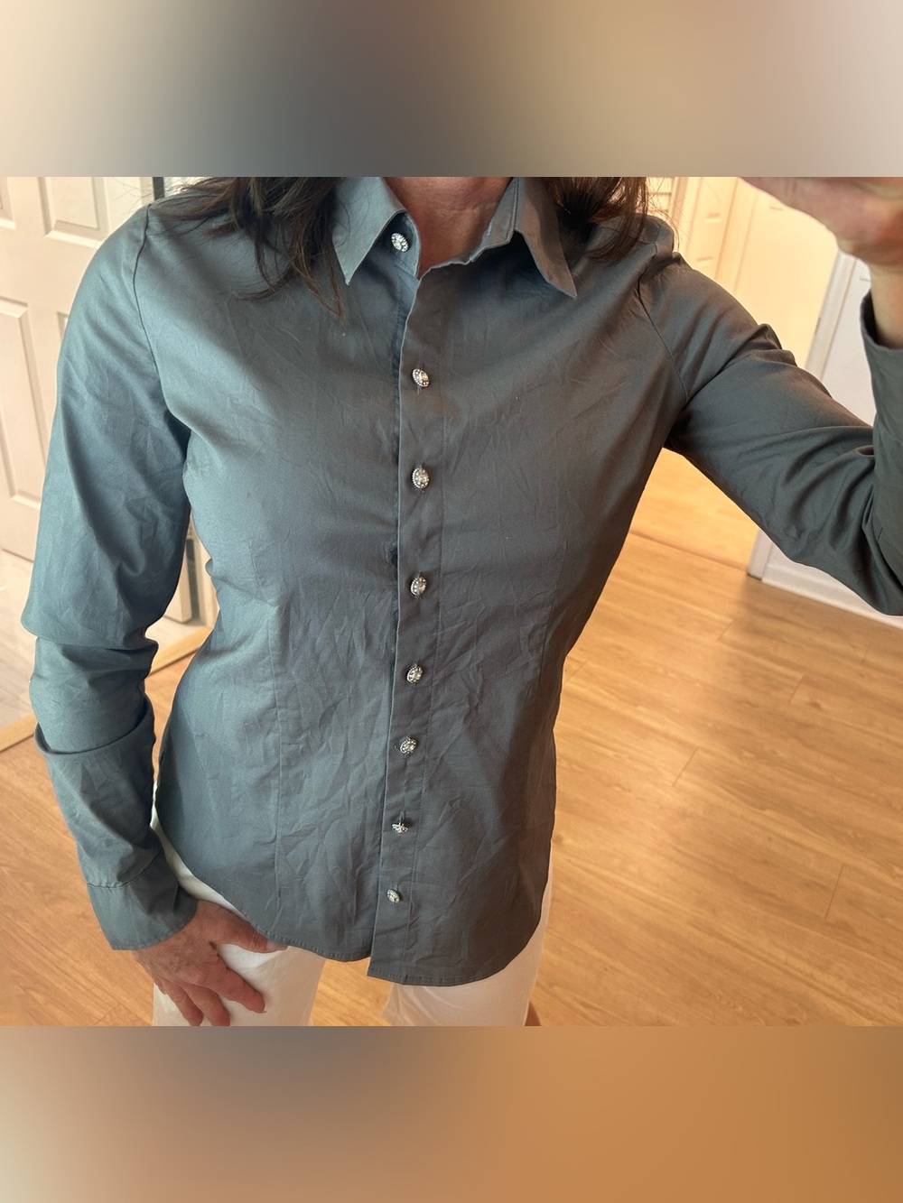 New York & Company Women’s  Dress Shirt with Diamond Like Buttons - Dark Gray